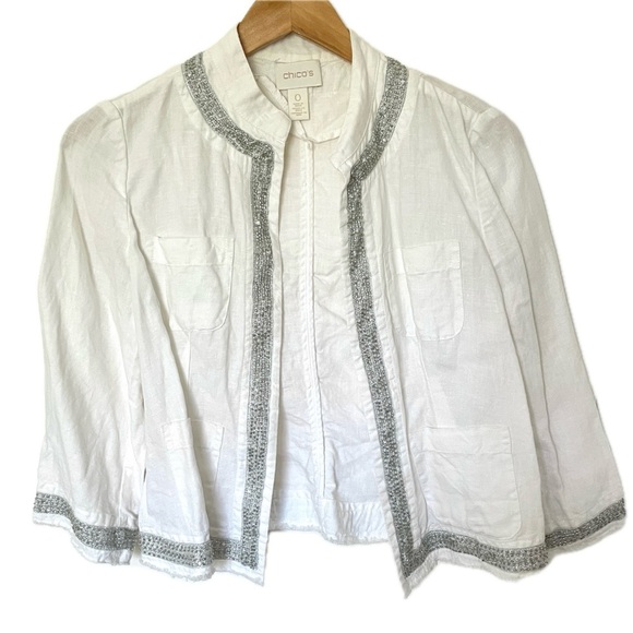 Chico’s Linen Jacket Optic White Silver Beaded Trim Women’s Size 0 US Small S - Picture 1 of 9